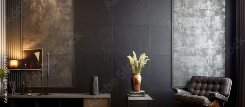 The metallic gray wallpaper on the wall had a textured finish, resembling leather, and gave the room a modern yet classy vibe with its iron-like material. photo