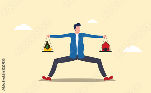 Businessman balancing dollar and house. balance housing costs and income. money scales and house.Balancing housing costs. 