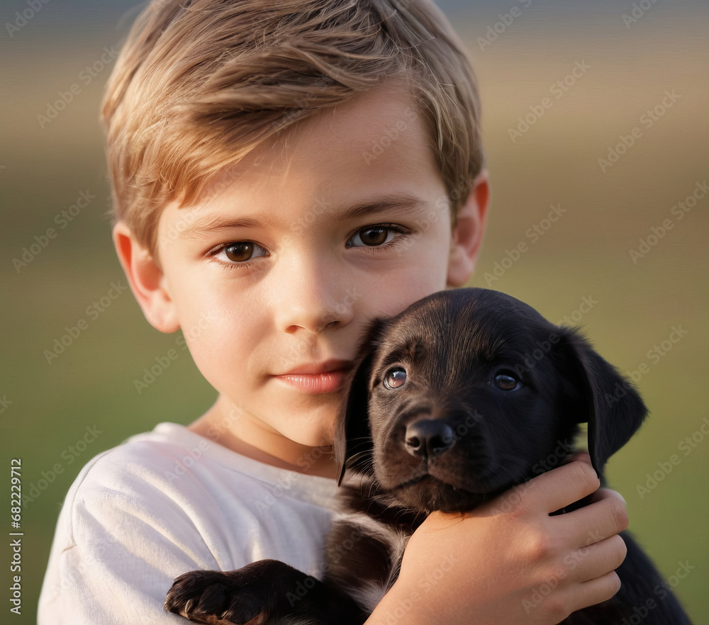A young child in a white shirt tenderly holds a small black Labrador puppy in a field at sunset. A young child in a white shirt tenderly holds a small black Labrador puppy in a field at sunset.