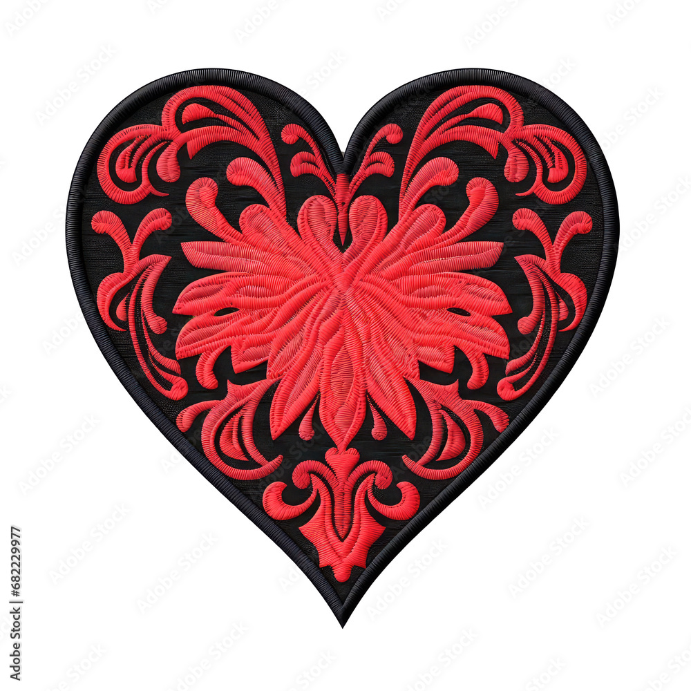 Detailed heart embroidered patch badge on transparent background png. High Quality