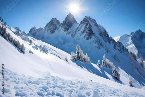 A snowy mountain peak against a clear blue sky with scattered, wispy clouds creating a picturesque winter scene. © AR Arts
