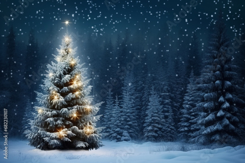 illuminated pine christmas tree snowy forest night