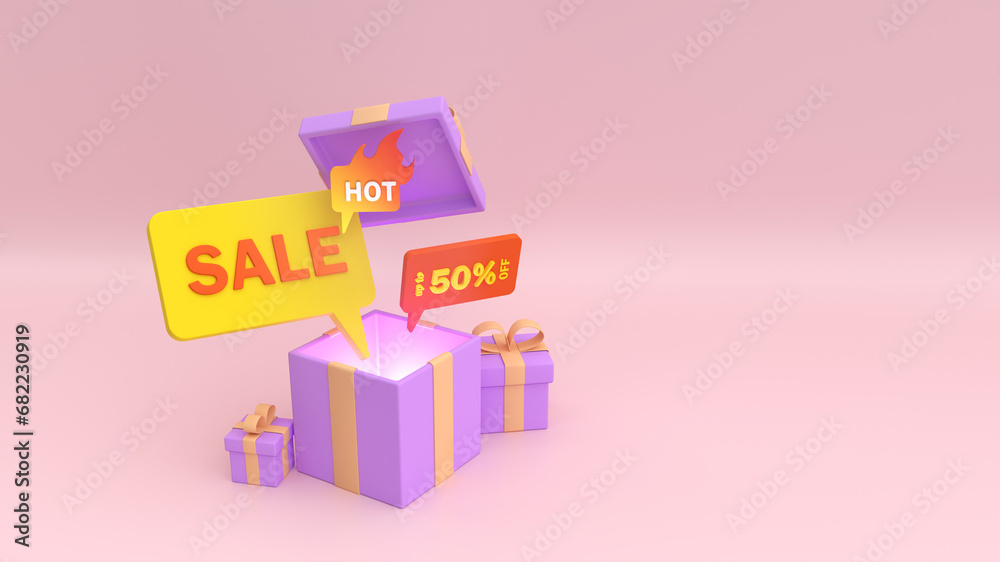 Open present box with 50 percent discount for good shopping. Big sale season. Gift for birthdays, holidays. Concept of shopping, sales, special offer. 3D render. Creative collage, banner, poster Open present box with 50 percent discount for good shopping. Big sale season. Gift for birthdays, holidays. Concept of shopping, sales, special offer. 3D render. Creative collage, banner, poster