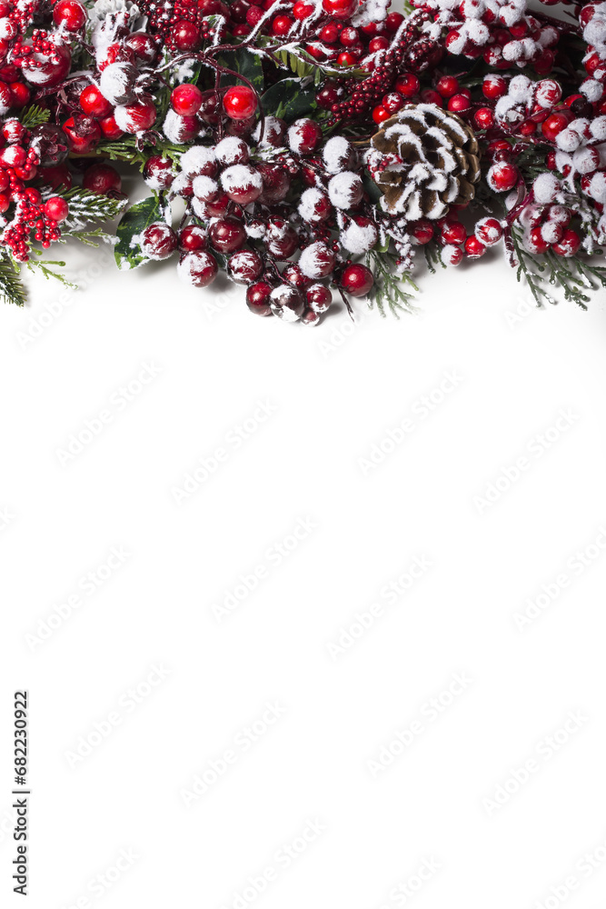 Isolated Christmas holiday decoration with snowy red berries and pine cones on white background, plant Christmas border , Christmas holiday concept, copy space Isolated Christmas holiday decoration with snowy red berries and pine cones on white background, plant Christmas border , Christmas holiday concept, copy space