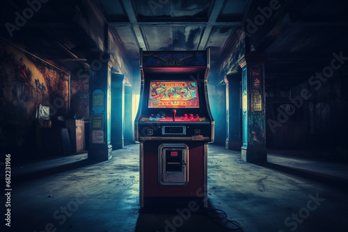 arcade machine in the dark room, vintage color toned picture photo