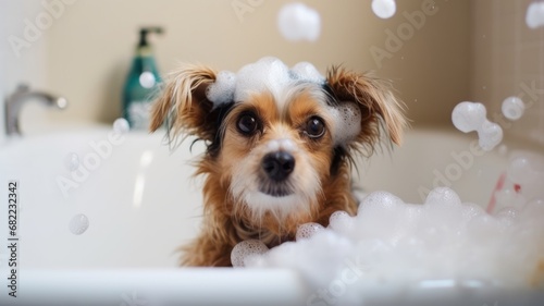 Cute fluffy dog in bath. Dog being bathed in tub with shampoo or soap bubble foam. Pet grooming and clean concept.