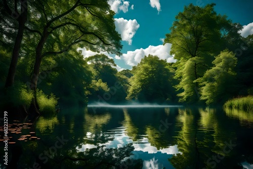 A peaceful lake surrounded by dense foliage, the sky above reflecting in the calm water with scattered clouds.