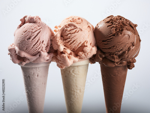 three chocolate ice creams on a white surface, in the style of intense color saturation, nabis, soft, dream-like quality created with Generative Ai photo