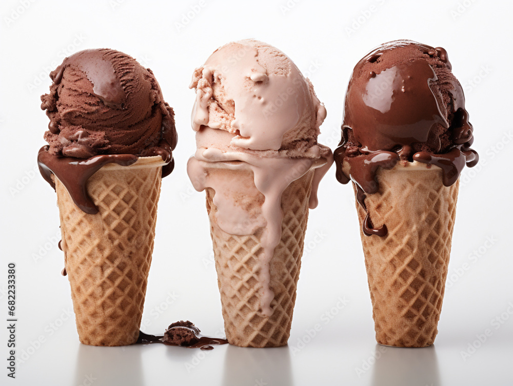 three chocolate ice creams on a white surface, in the style of intense color saturation, nabis, soft, dream-like quality created with Generative Ai three chocolate ice creams on a white surface, in the style of intense color saturation, nabis, soft, dream-like quality created with Generative Ai