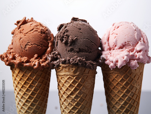 three chocolate ice creams on a white surface, in the style of intense color saturation, nabis, soft, dream-like quality created with Generative Ai photo