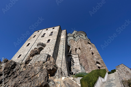 View of the Sacra of San Michele (St. Michael Abbey) in Sant'Ambrogio of Torino, Province of Turin, Piedmont, Italy