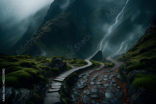 A rain-soaked mountain path, winding its way through mist-covered peaks and valleys.
