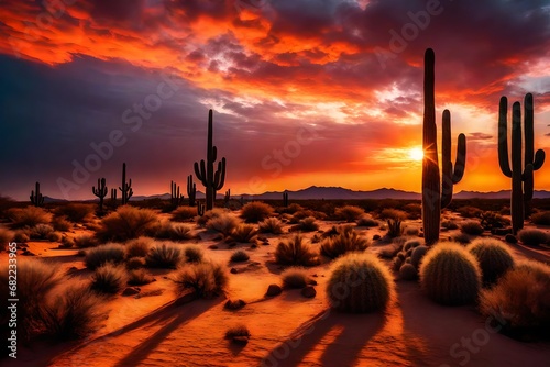 A desert landscape with cactus silhouettes against a vibrant sunset sky, clouds adding depth and warmth to the colorful horizon.