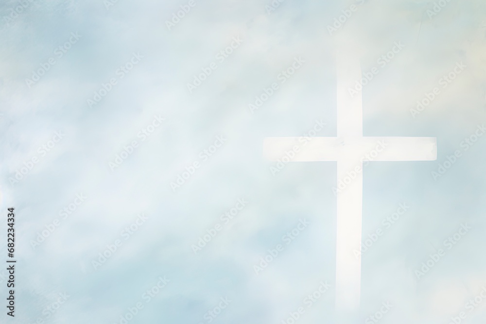 Blue and white christian themed background. Grungy abstract clouds with a cross.