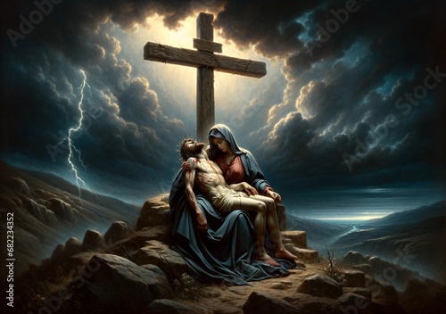 A Mother's Agony and Grief: Mary's Sorrow Holding the Crucified Body of her Son, Jesus Christ, at Calvary, at the Foot of the Cross: The Sorrowful Mysteries.