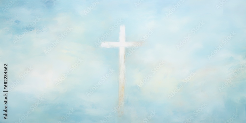 Blue and white christian themed background. Grungy abstract clouds with a cross.