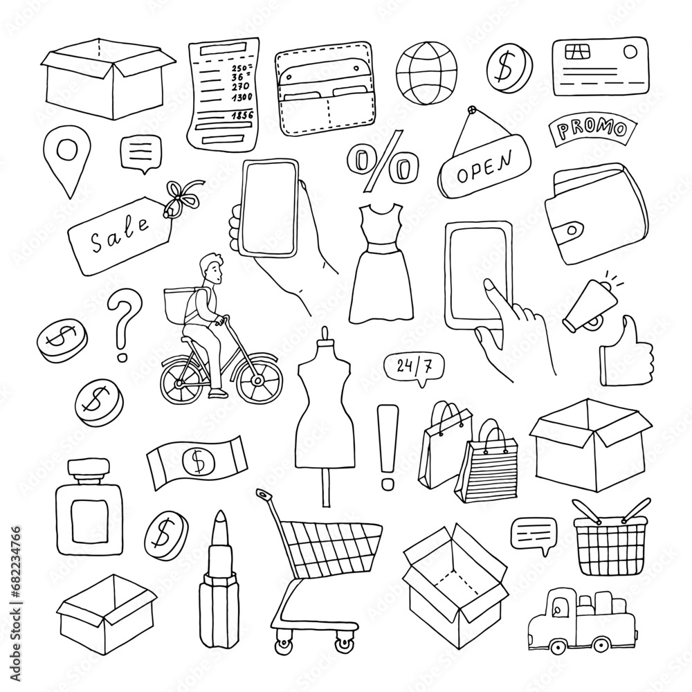 Set shopping. Online shopping symbols and icons. Doodle. Vector illustration. Hand drawn. Outline.
