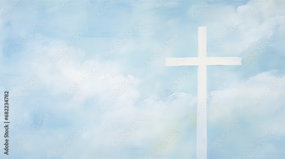 Blue and white christian themed background. Grungy abstract clouds with a cross.