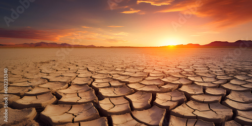 Drought concept. arid land and sunset sky background,