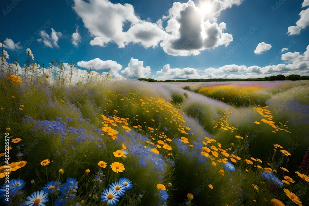 A field of wildflowers beneath a clear blue sky, fluffy clouds adding dimension and interest to the vibrant floral landscape.