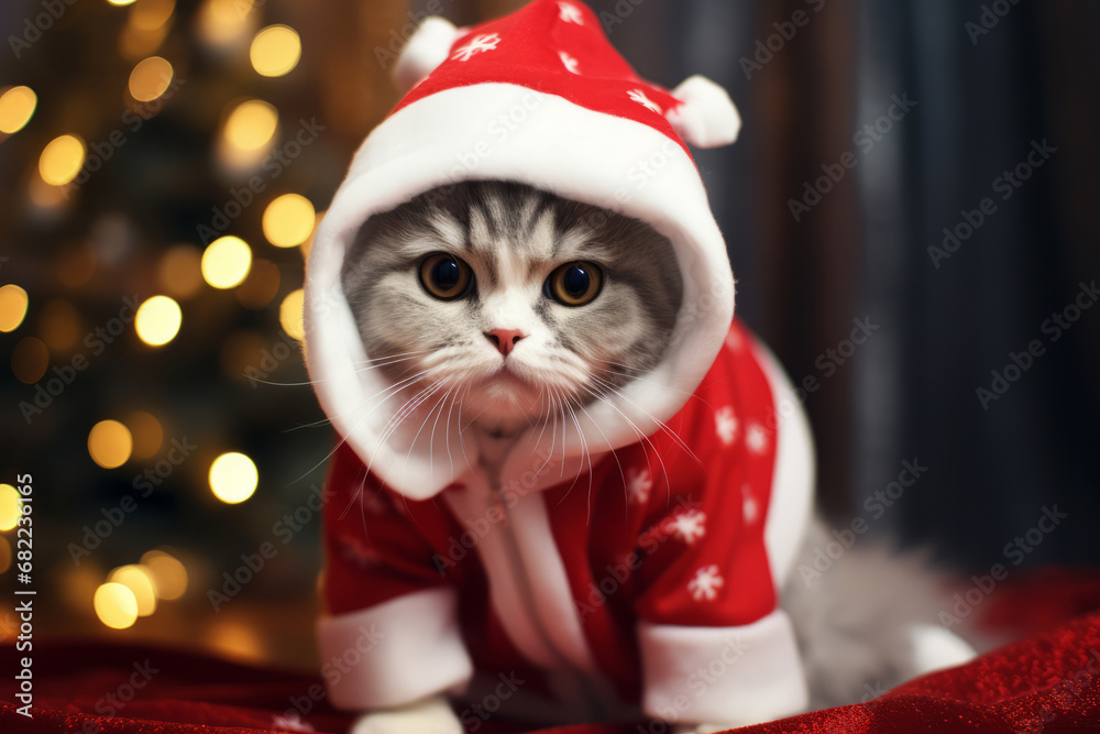 Cat in snow with winter clothes like Santa Claus. Christmas style hat and sweater