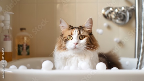 Cute fluffy cat in bath. Cat being bathed in tub with shampoo or soap bubble foam. Pet grooming and clean concept.