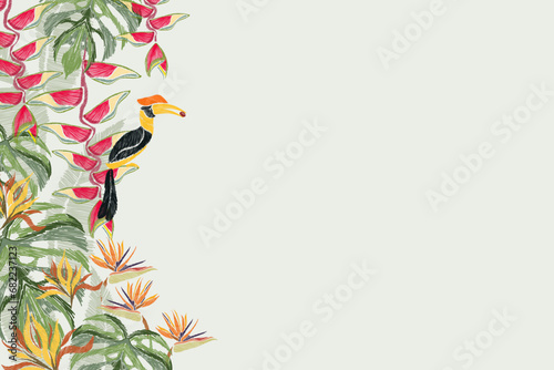 Tropical summer background banner border frame. Tropical jungle hornbill bird. Vector illustrations photo