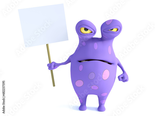 A spotted monster holding sign, looking angry.