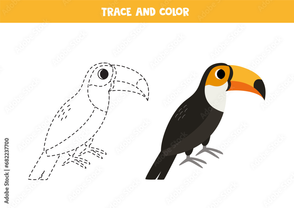 Obraz premium Trace and color cartoon toucan bird. Worksheet for children.