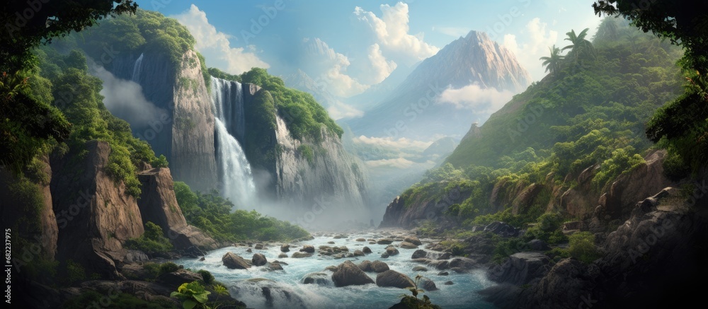 Fototapeta premium In awe of the breathtaking landscape, they marveled at the cascading waterfall surrounded by a lush green forest, towering mountains, and a peaceful park, highlighting the beauty of nature's gift of