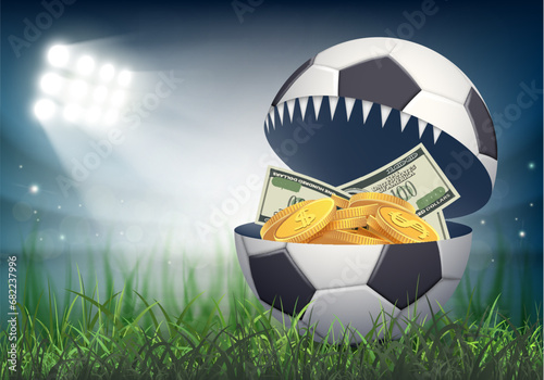 Paper money and gold coins inside a soccer ball. Against the background of the stadium. Corruption and bribery in sports. Vector illustration
