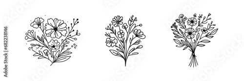 black and white flowers line art. Flower line art. Bouquet of flowers line art. Simple line art of flowers
