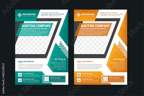 Accounting, Auditing, and bookkeeping service flyer template. Tax solution poster leaflet design. Accounting and budget management concept. vertical layout with space for photo. white background.