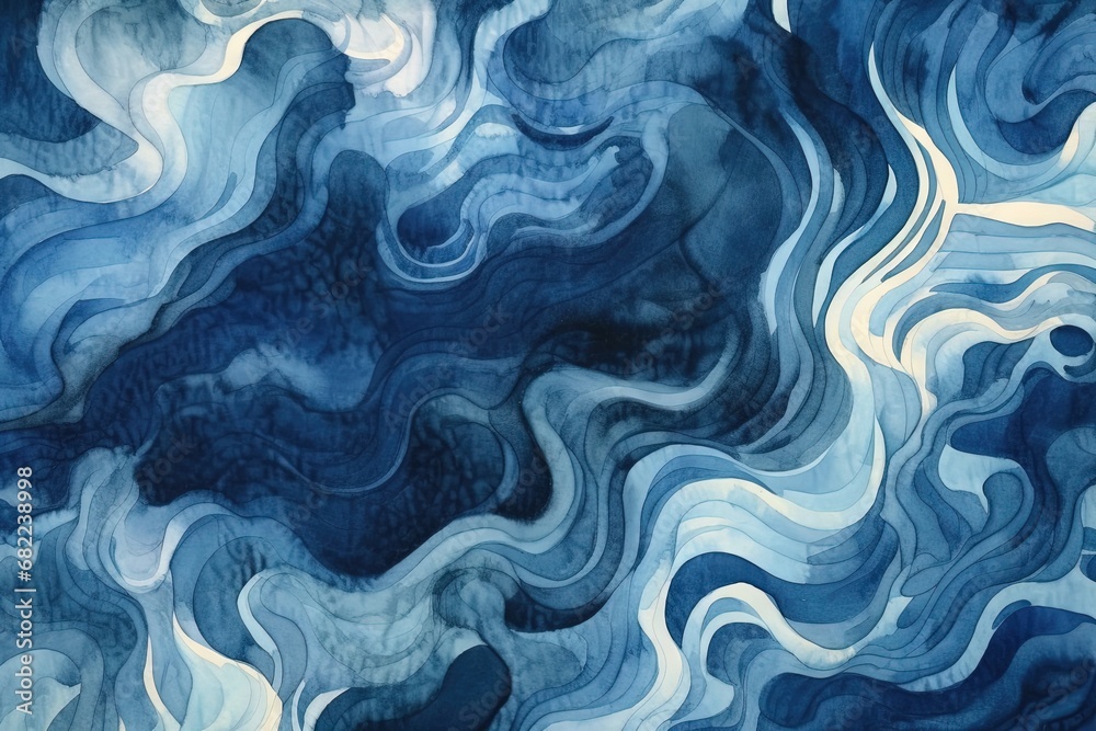 Fototapeta premium Abstract cyanotype texture wallpaper with blue and white squiggly lines, great as banner or background. Generative AI, AI