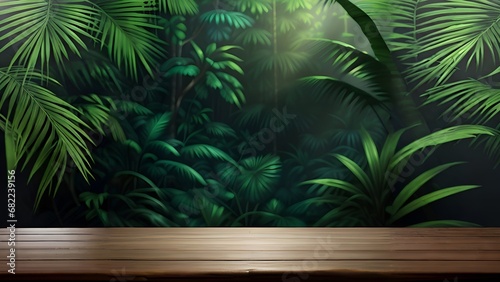 an empty wooden table in front of a tropical jungle  a screenst  ptorealism  jungle background  amazon rainforest background  banner. Generative Ai