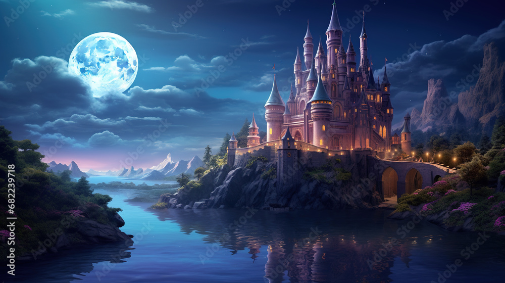 Enchanting magical fantasy fairytale castle on the island against the backdrop of a huge moon - obrazy, fototapety, plakaty 