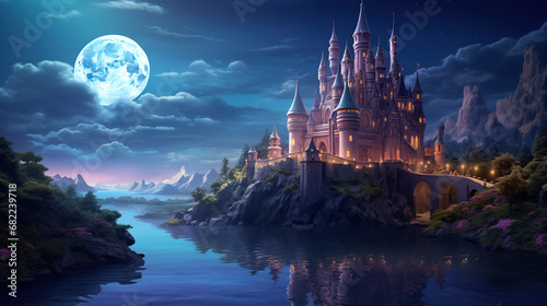 Enchanting magical fantasy fairytale castle on the island against the backdrop of a huge moon photo