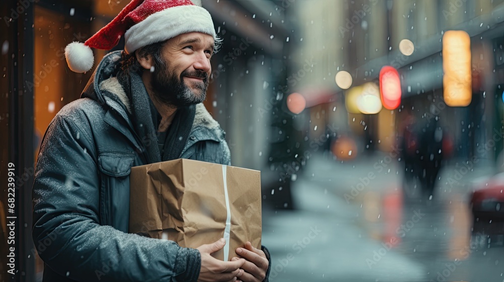Man in Santa hat holding Christmas present in snowy urban setting. Joyful giver in winter jacket with a brown paper package.