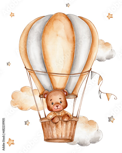 Teddy bear in beige airballoon  watercolor hand drawn illustration © Нина Новикова