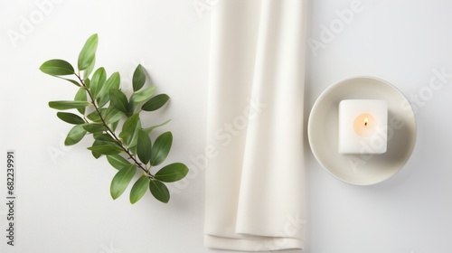  a candle sitting on top of a white table next to a plate with a green leaf on it next to a white curtain and a white plate with a green plant.