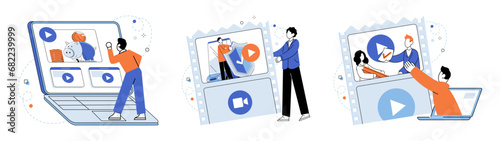 Video marketing vector illustration. Promotion plays vital role in generating visibility and reach for video marketing campaigns The metaphorical power video marketing lies in its ability to convey