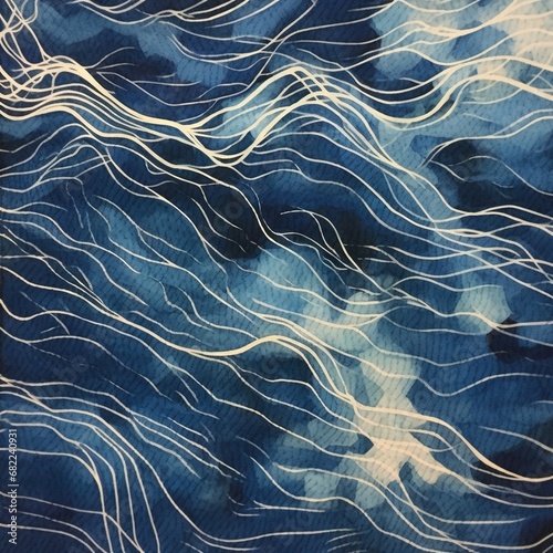 Abstract cyanotype texture wallpaper with blue and white squiggly lines  great as banner or background. Generative AI  AI