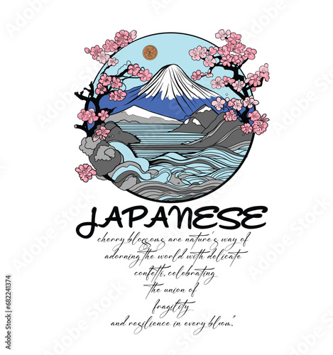 Cherry blossom and snowy mountains landscape in japanese style.t shirt print design.