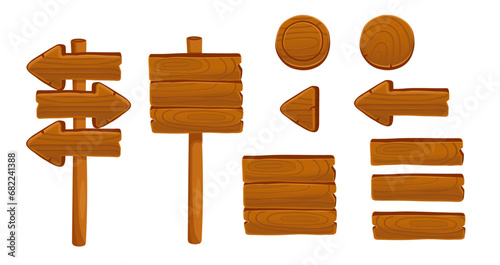  Jungle wooden signs set. Wooden signs isolated on white background. Rustic board. Vector cartoon illustration.