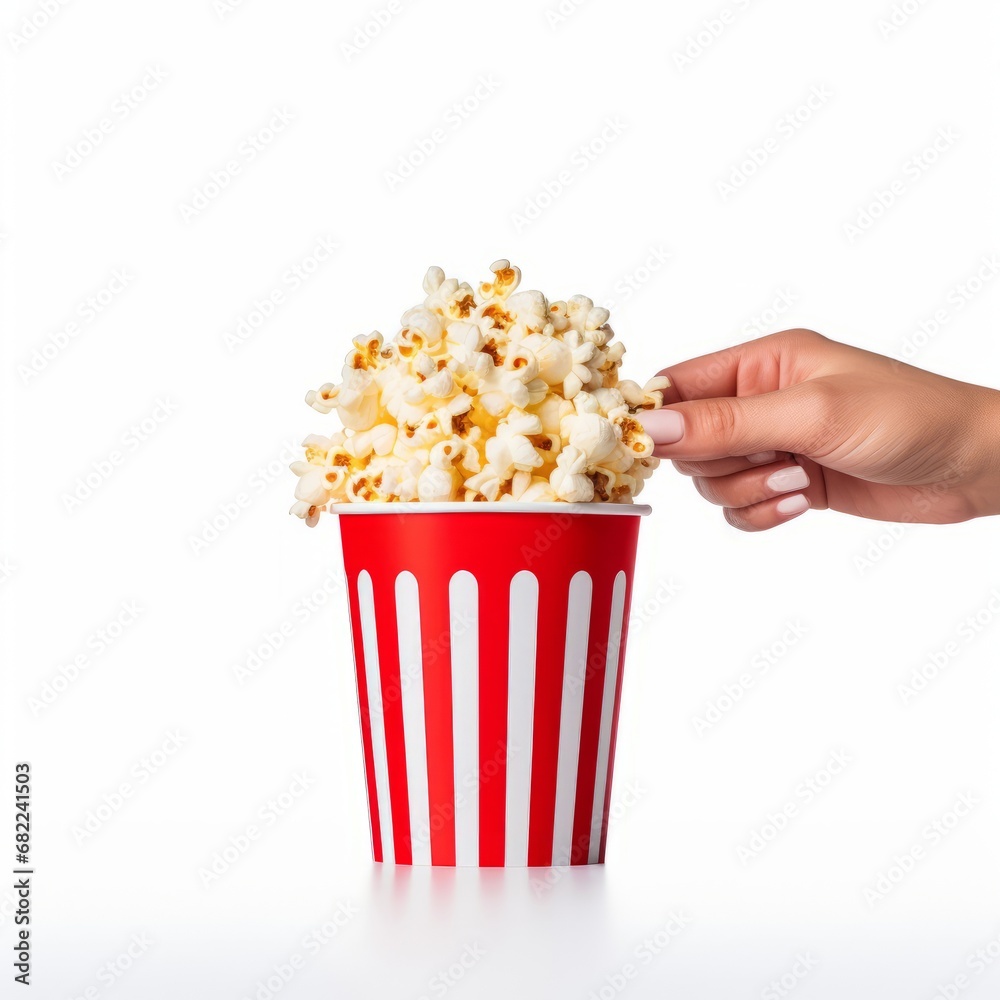 The Joyful Moviegoer: Indulging in Delicious Popcorn from a Vibrant Red and White Striped Cup The Joyful Moviegoer: Indulging in Delicious Popcorn from a Vibrant Red and White Striped Cup