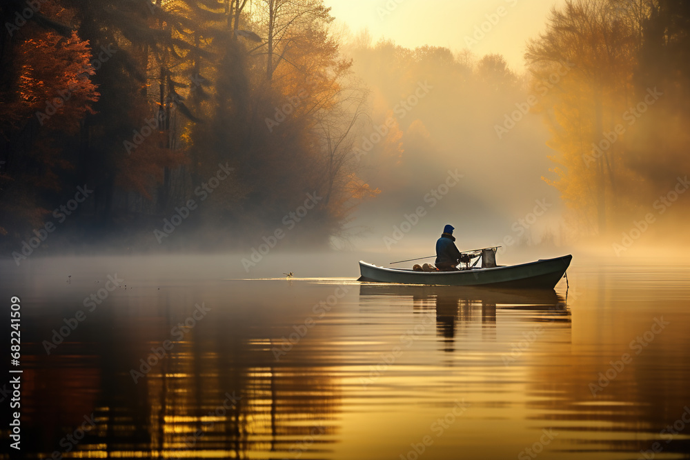 Fisherman in a foggy morning on the lake in autumn
