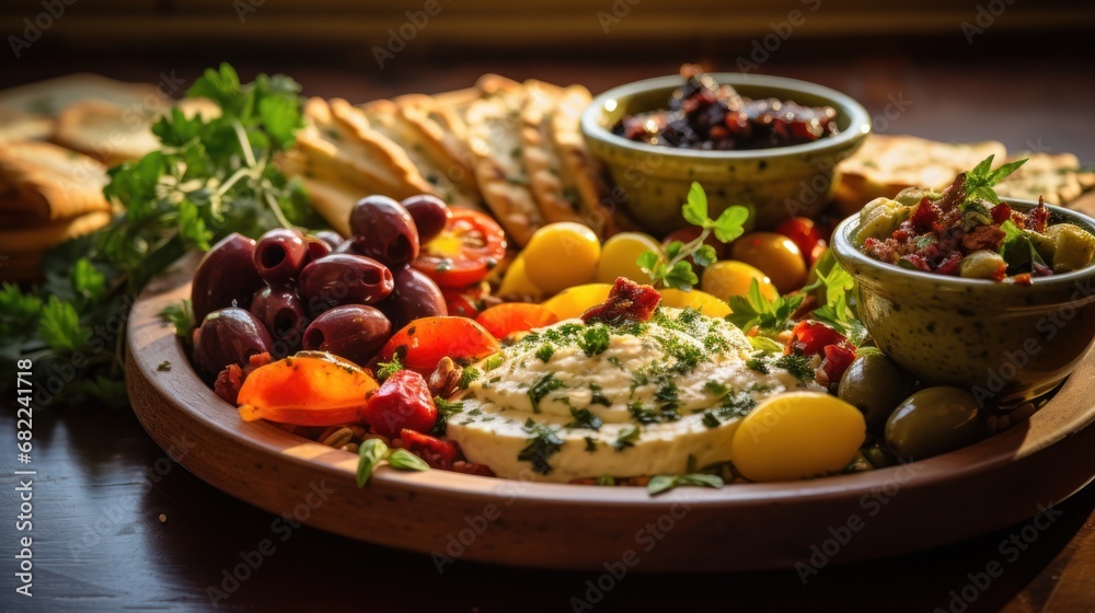 a plate of food with olives, tomatoes, bread, bread sticks, and olives on a wooden table with bread and olives on the side of the plate. a plate of food with olives, tomatoes, bread, bread sticks, and olives on a wooden table with bread and olives on the side of the plate.