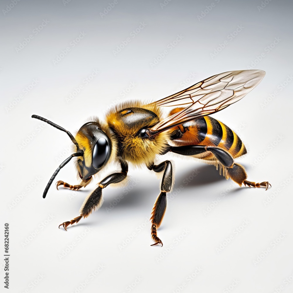 A Busy Bee Buzzing Beautifully on a Blank, Bright White Background A Busy Bee Buzzing Beautifully on a Blank, Bright White Background