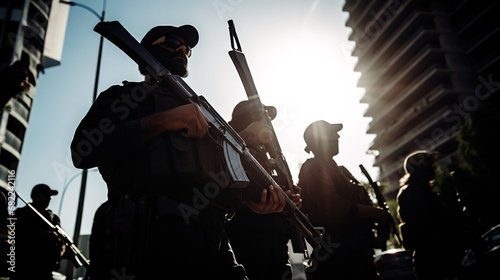 Silhouette of men in camoflage clothing holding automatic rifles guns, terrorists , comandos or paramilitary concept photo