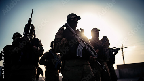 Silhouette of men in camoflage clothing holding automatic rifles guns, terrorists , comandos or paramilitary concept photo